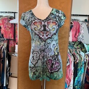 Lipstick Boutique Aqua Multi-Color V-Neck Short Sleeve Top